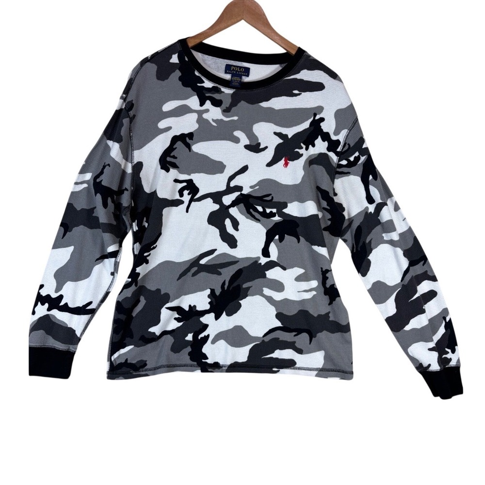 Polo‎ Ralph Lauren Mens XL Camo Waffle Knit Thermal Sleepwear Shirt Grey Black